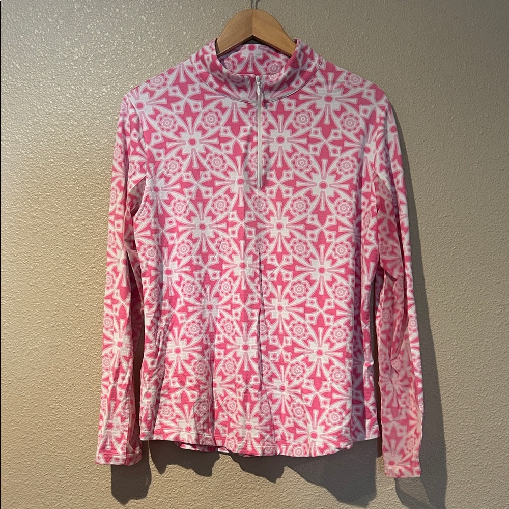 IBKUL Pink and White Geometric Print Long Sleeve Zip Neck Top